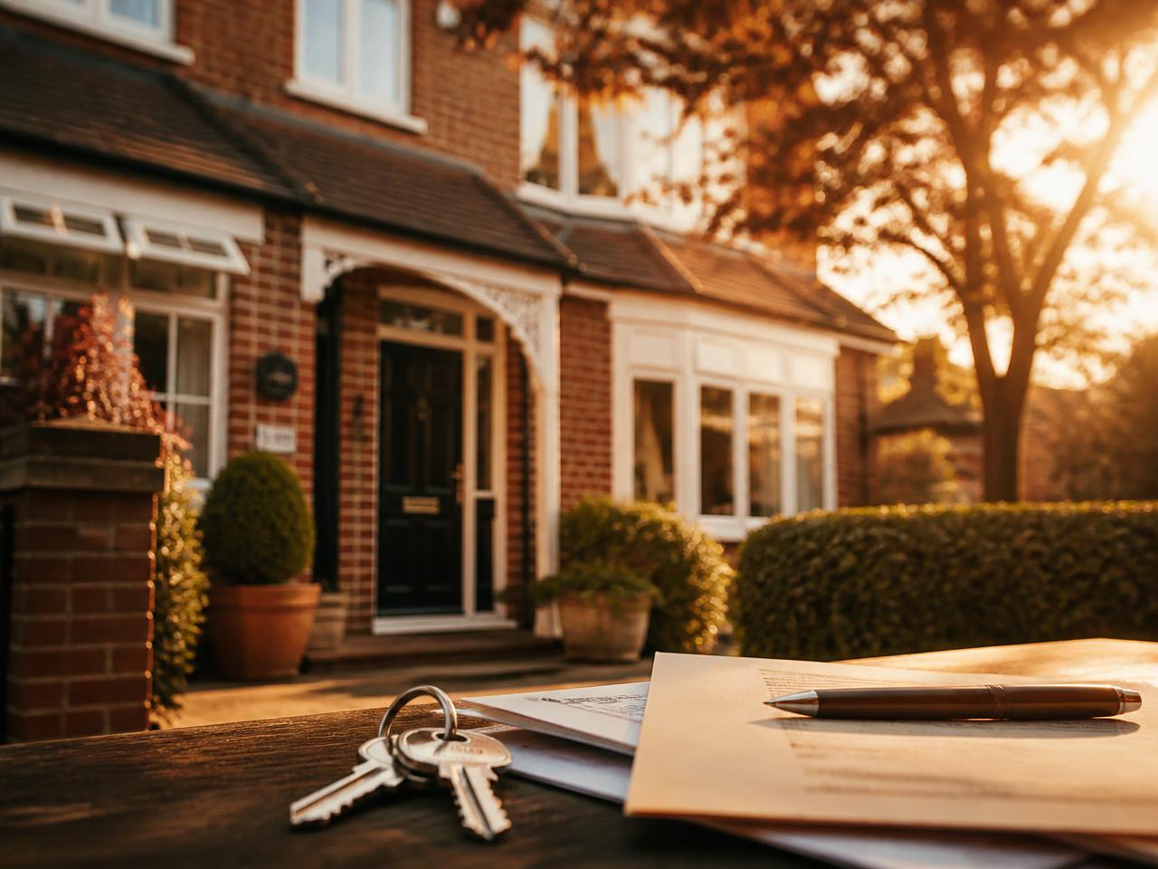 Front door of a British family home at golden hour with keys and mortgage paperwork